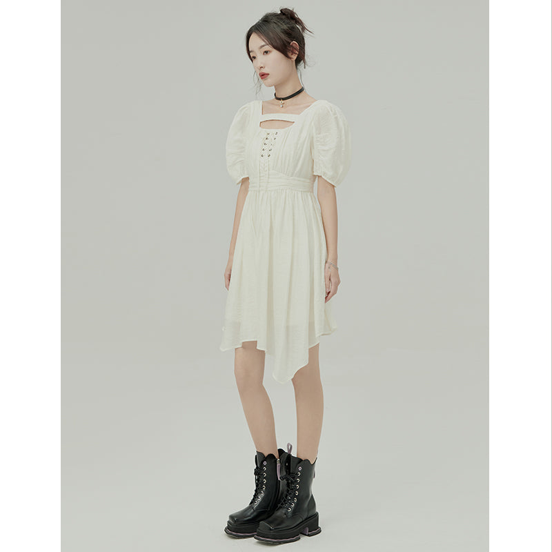 Jacquard Irregular Puff Sleeve Dress