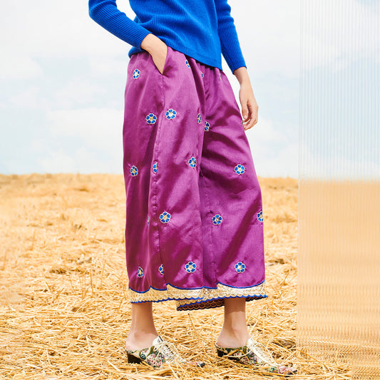 retro embroidery wide-leg pants 