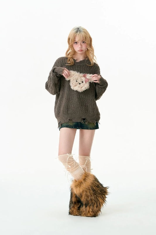 Puppy tear-off knit sweater