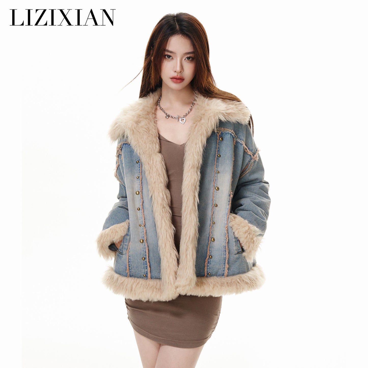 Retro wool denim fur jacket