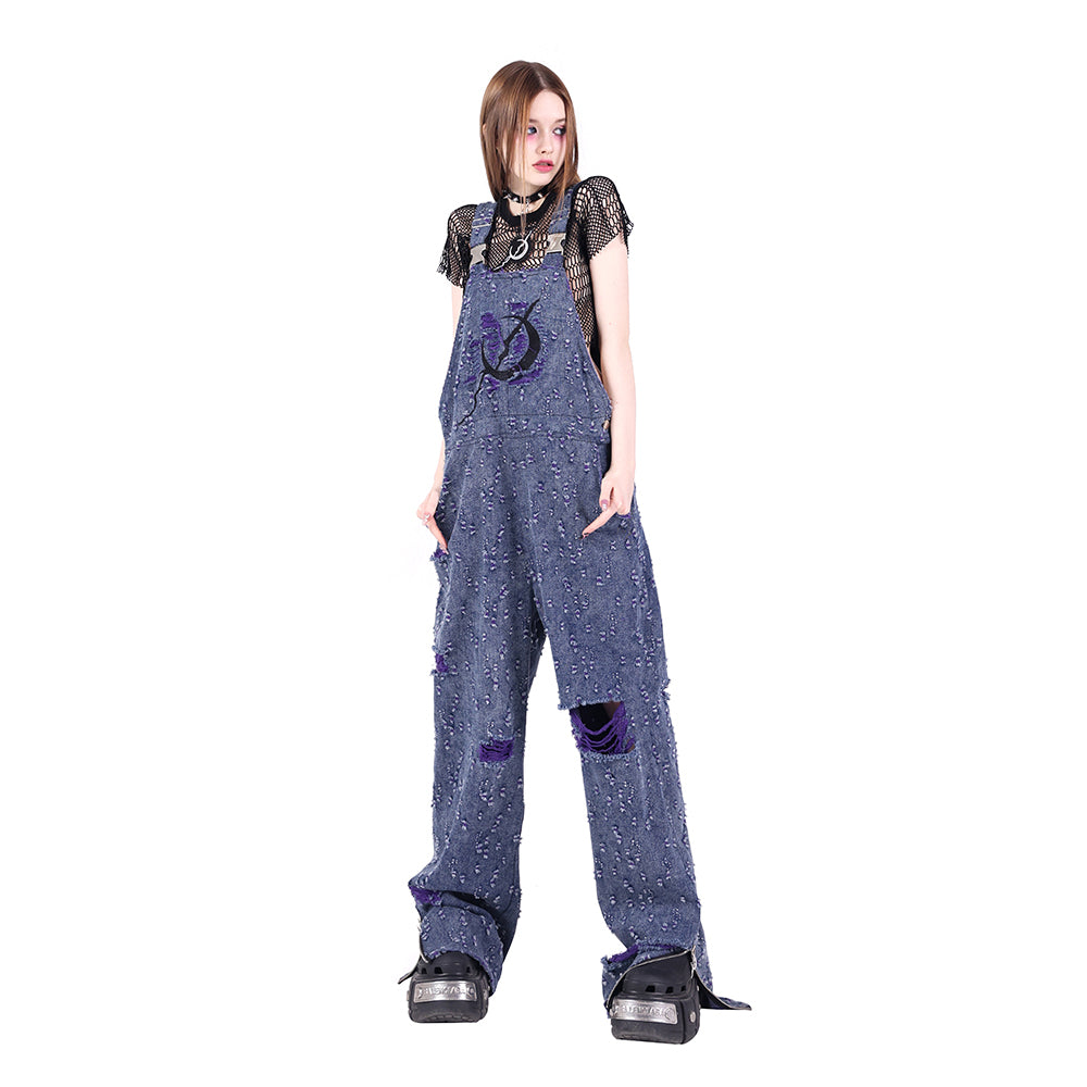 Purple Blue Irregular Ripped Overall