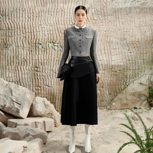 long-sleeved short coat high waist leather skirt