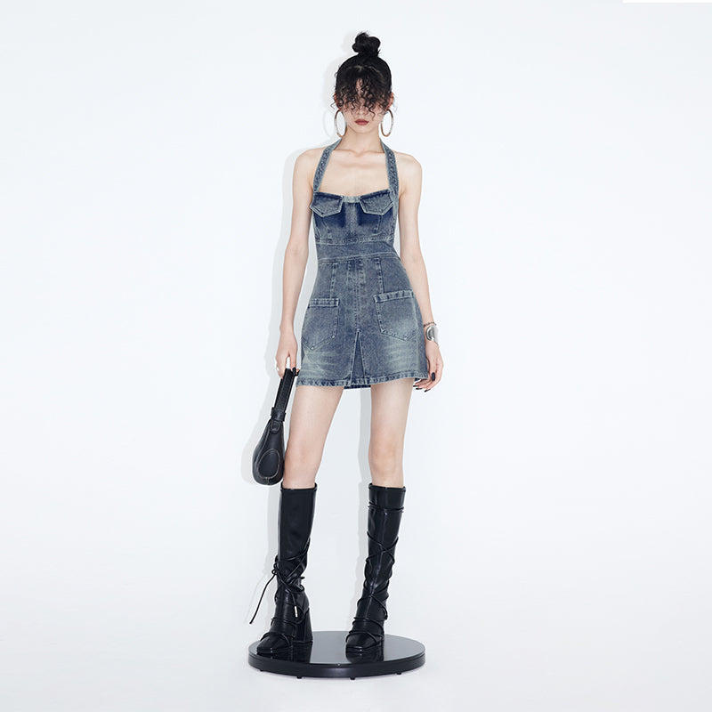 Halter neck backless denim dress