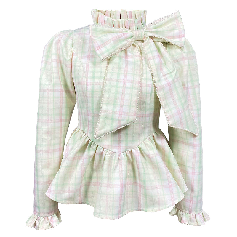 Oversized pink green plaid puff sleeve shirt