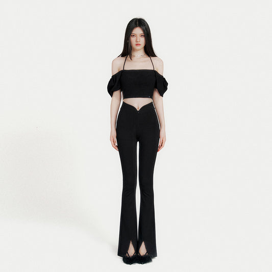 Elastic high waist slit flared pants