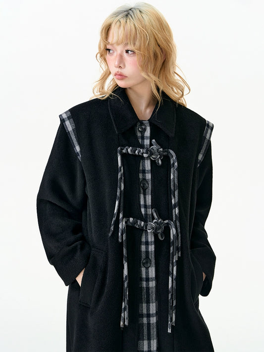 Retro plaid stitching buckle coat