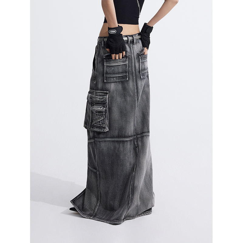 Large pocket H-shaped denim skirt