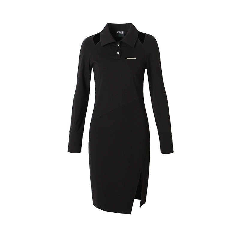 Slit Long Sleeve Black Dress