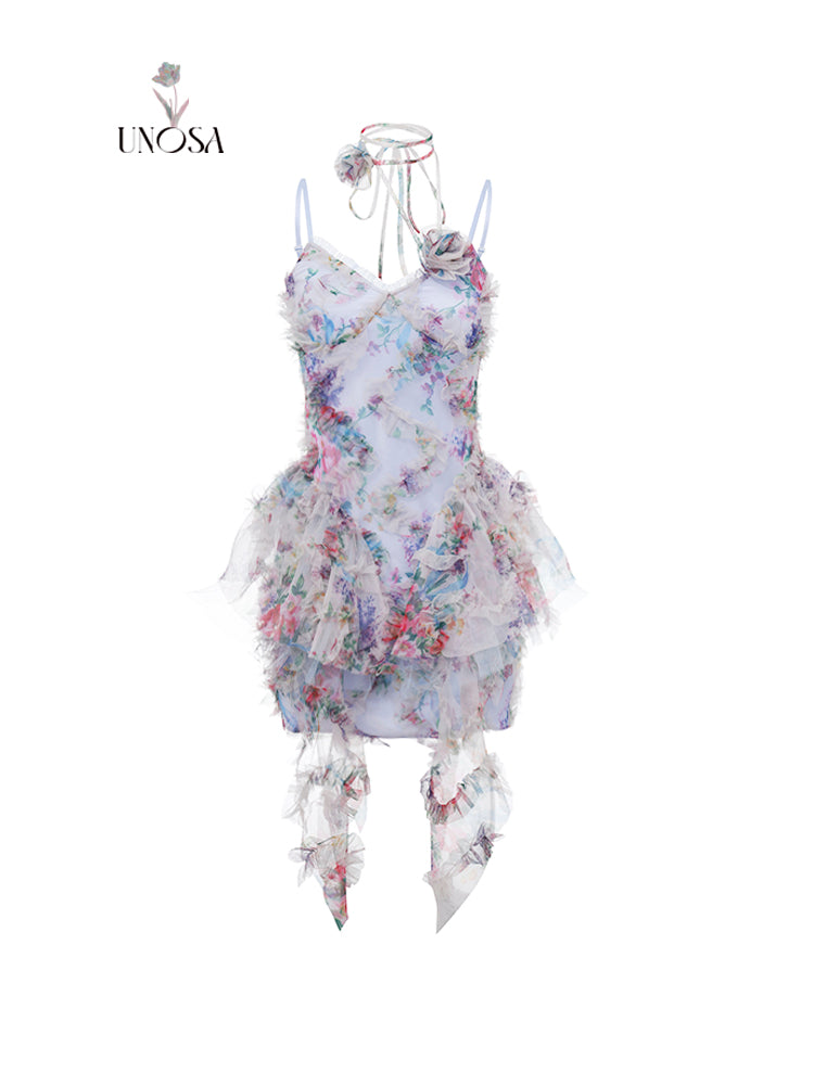 Three-dimensional lotus leaf suspender dress