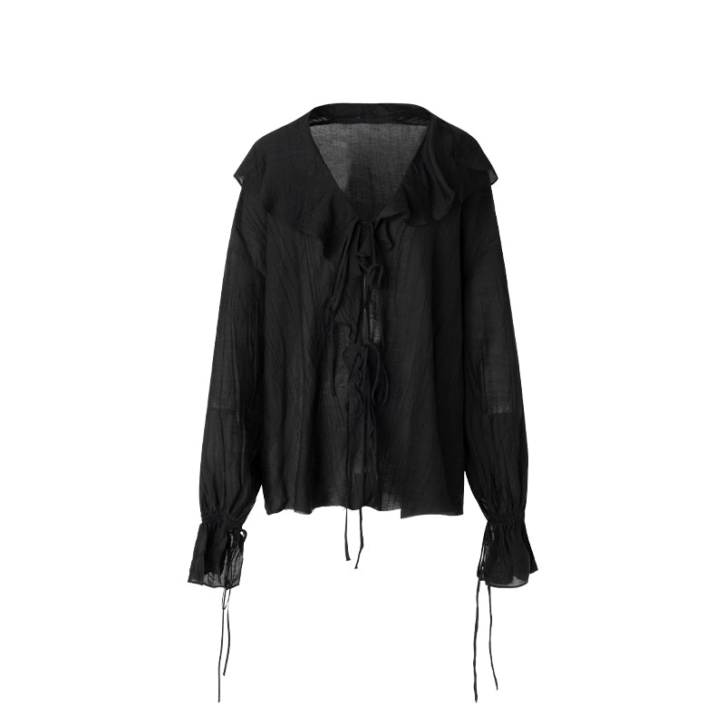 V-neck neck tie black loose shirt