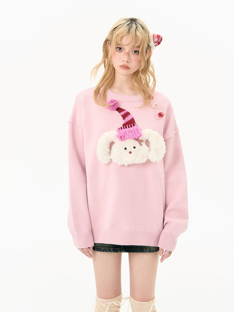Round neck pink christmas puppy sweater