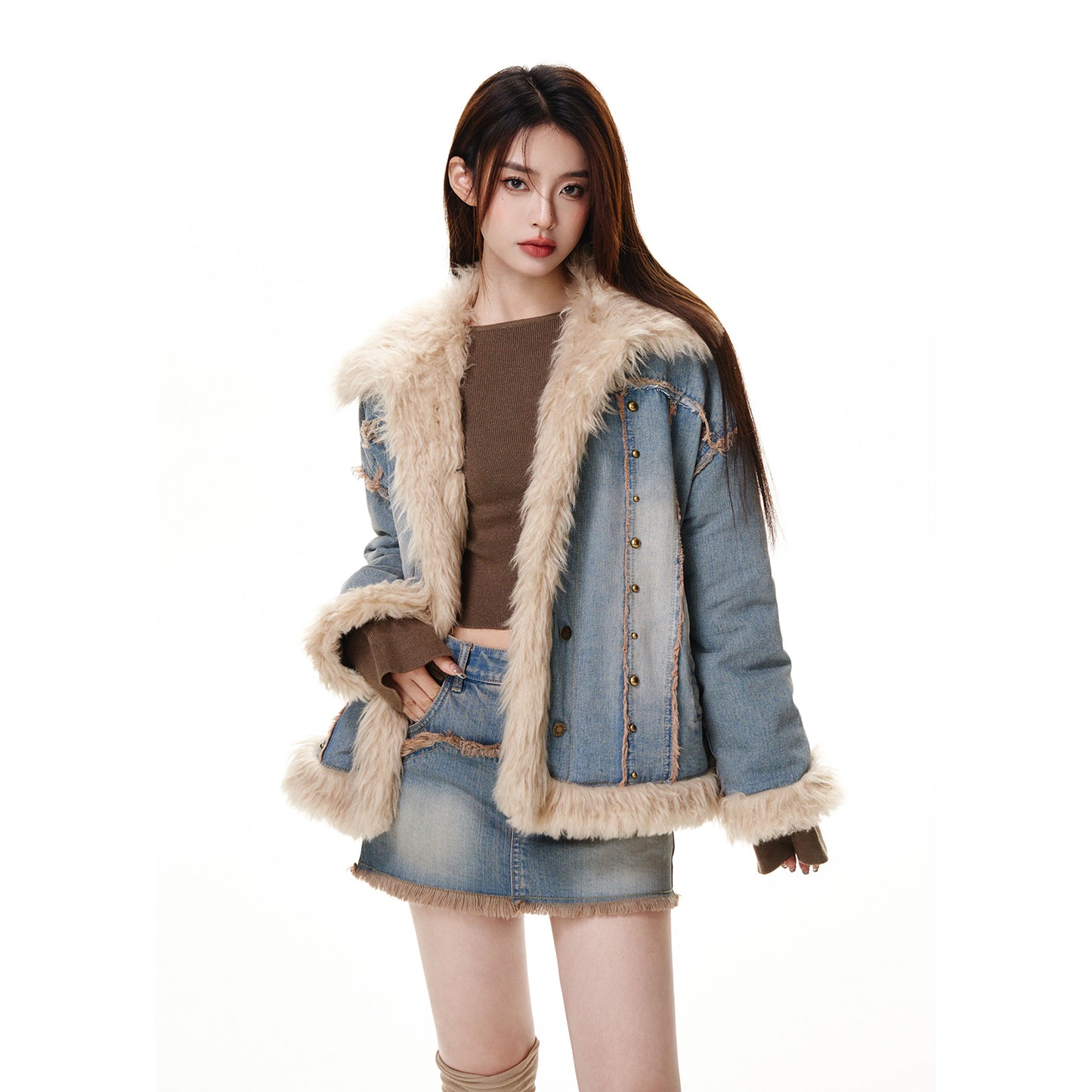 Retro wool denim fur jacket