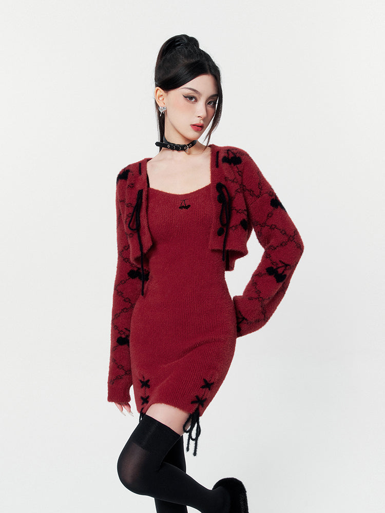 Jacquard knitted short jacket and suspender dress