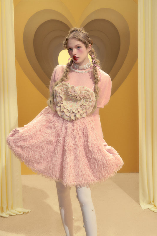 pink sweater and sequins high waist suspender dress