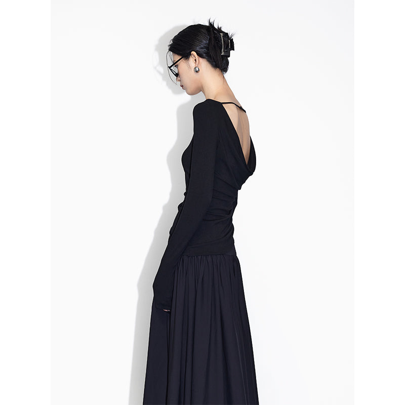 Open back black pleated slim fit top