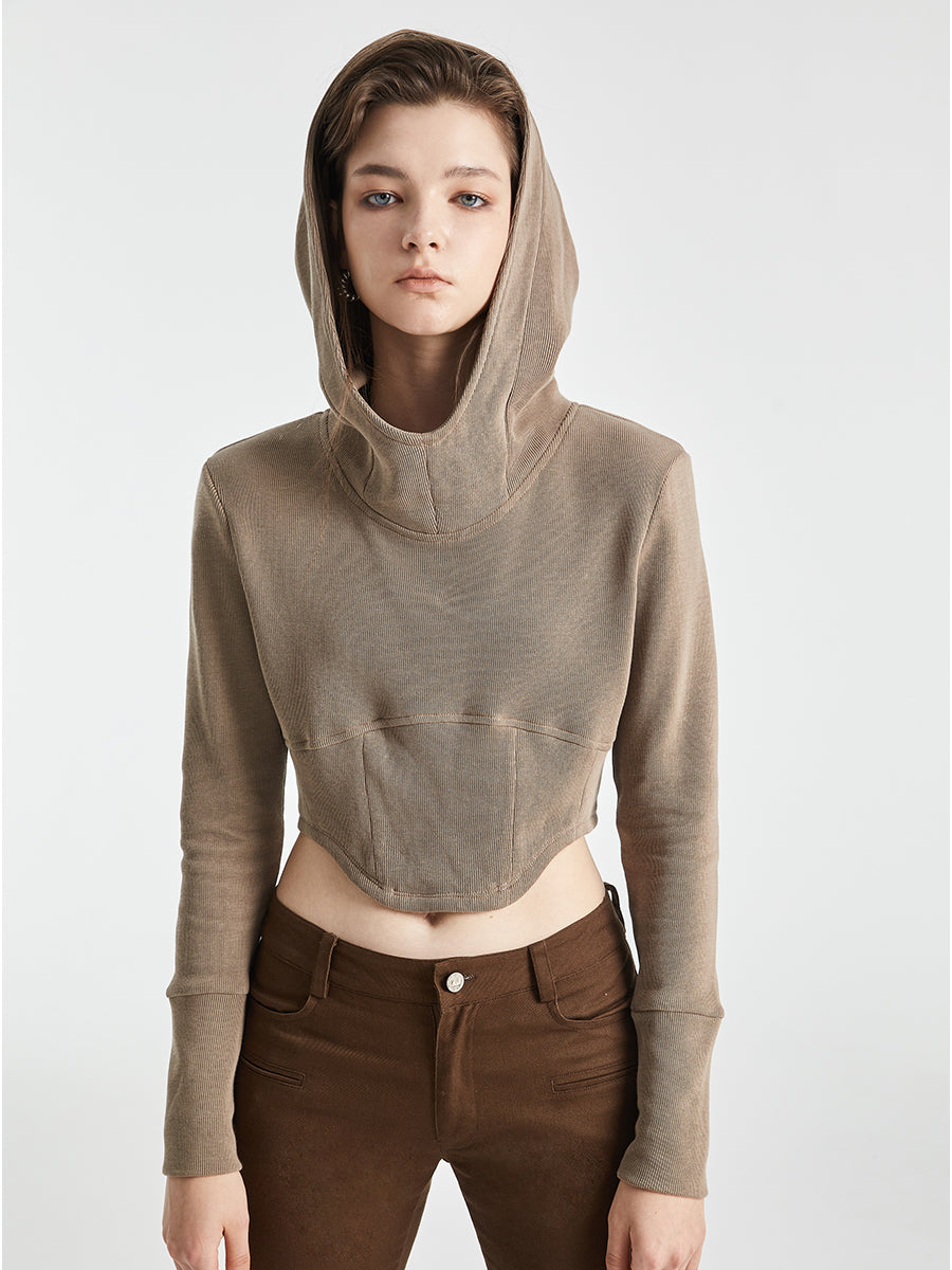 Split hooded top waist short pullover