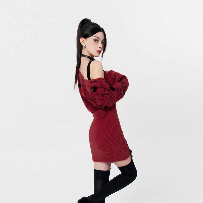 Jacquard knitted short jacket and suspender dress