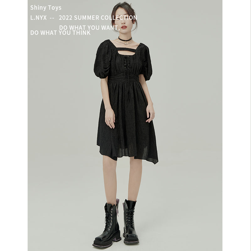 Black Jacquard Puff Sleeve Dress