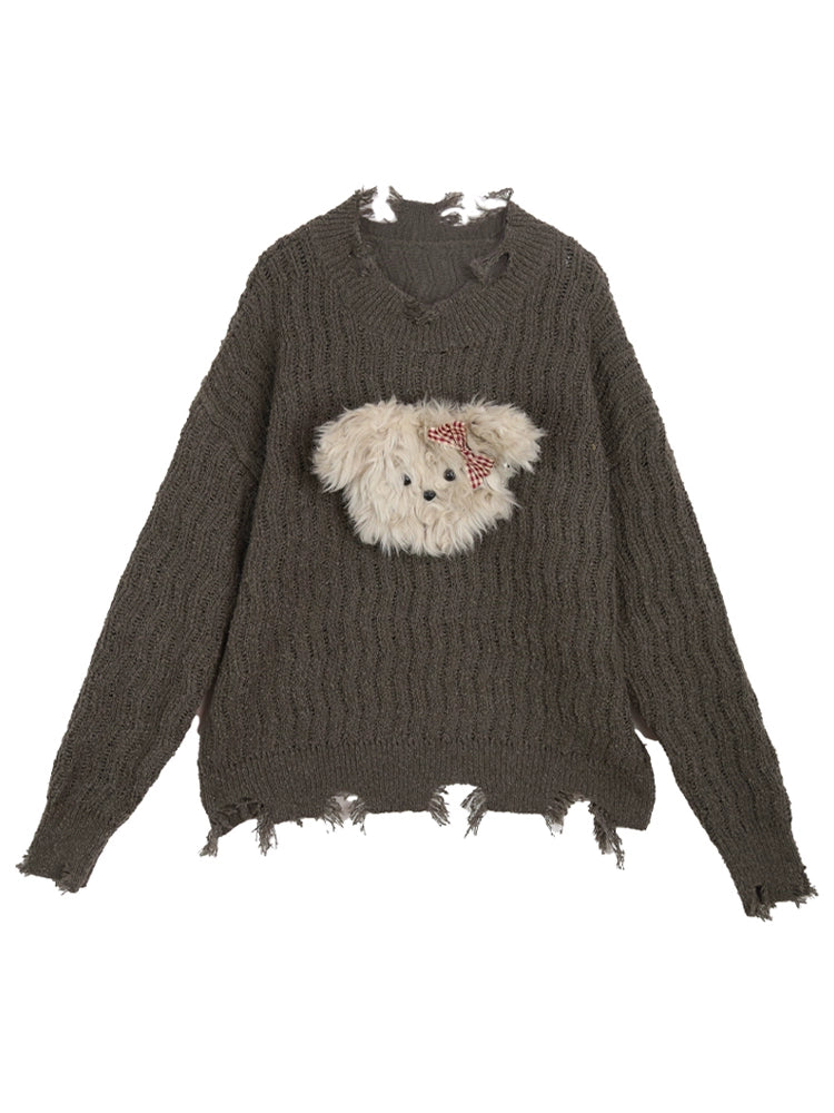 Puppy tear-off knit sweater