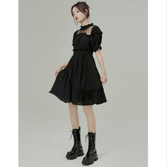 Jacquard black bow asymmetric dress