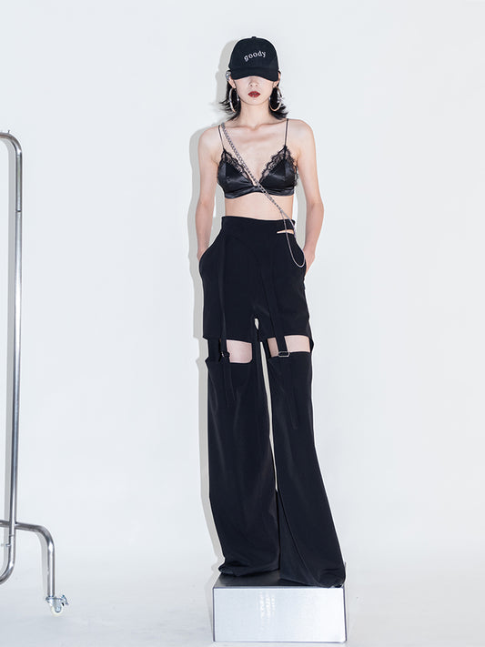 Hollow high waist slim wide leg pants