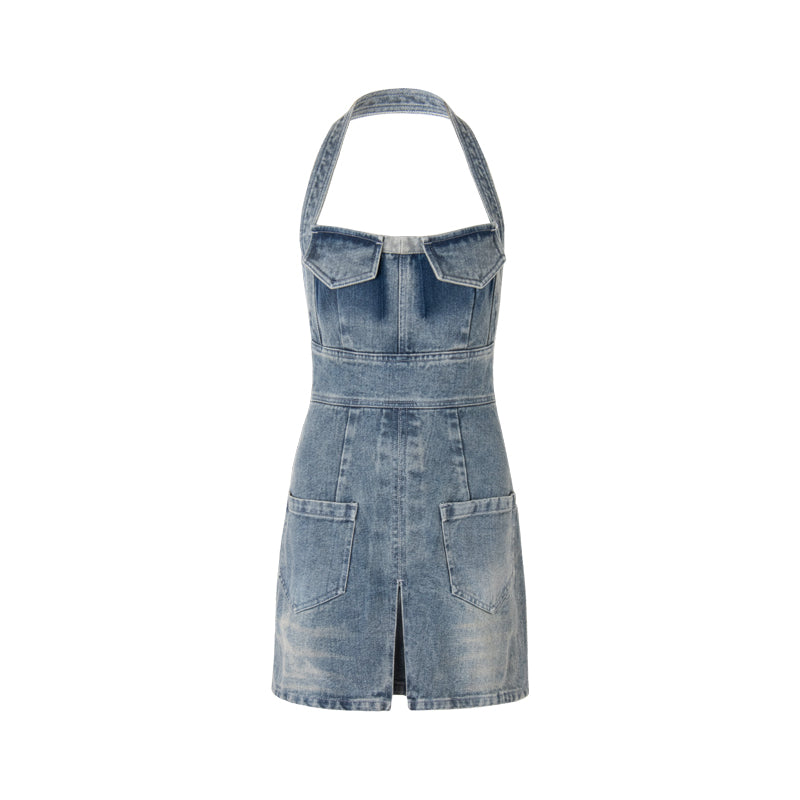 Halter neck backless denim dress