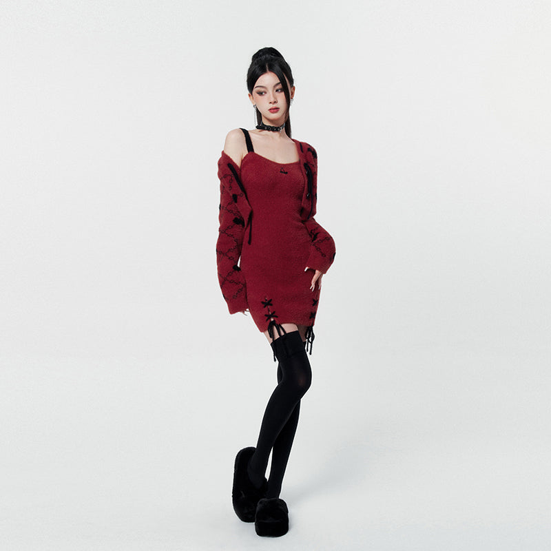 Jacquard knitted short jacket and suspender dress