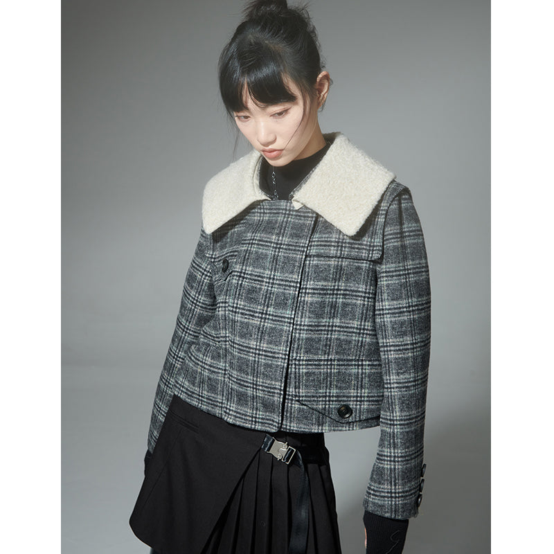 Check pattern asymmetrical double-sided short jacket