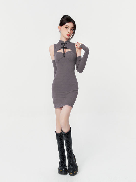 Buckle cheongsam elastic waist dress