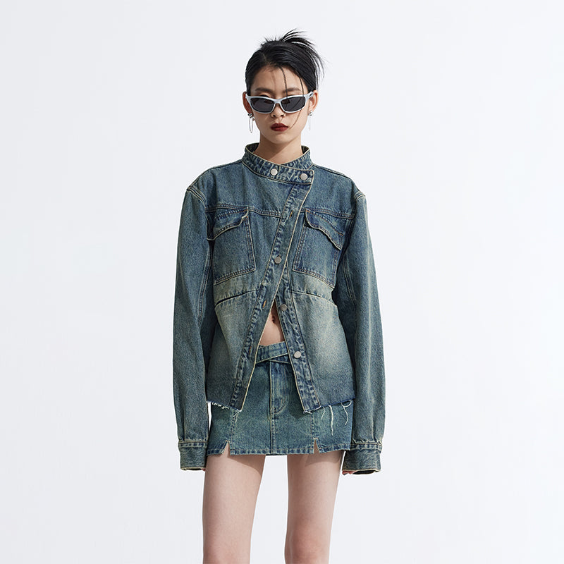 Retro blue distressed denim jacket