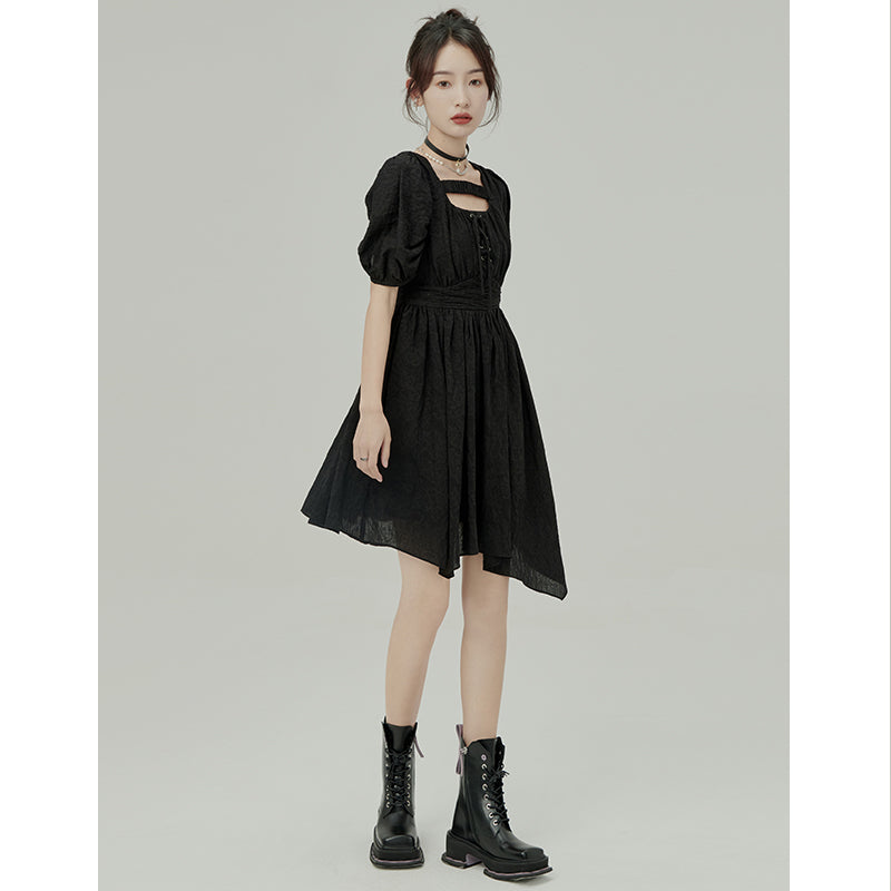 Black Jacquard Puff Sleeve Dress