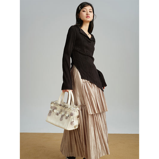 Light gold pleated slim skirt