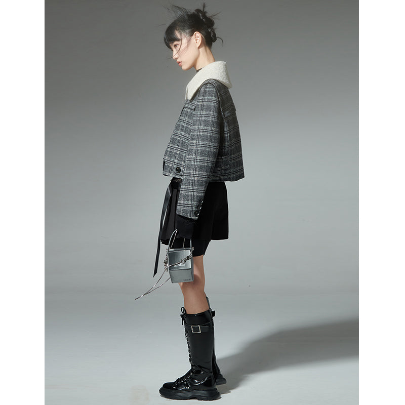 Check pattern asymmetrical double-sided short jacket