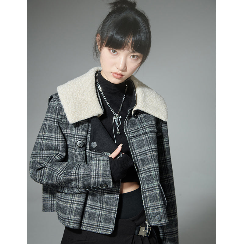 Check pattern asymmetrical double-sided short jacket