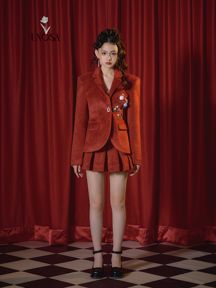 Retro Red Wide Shoulder Suit Jacket